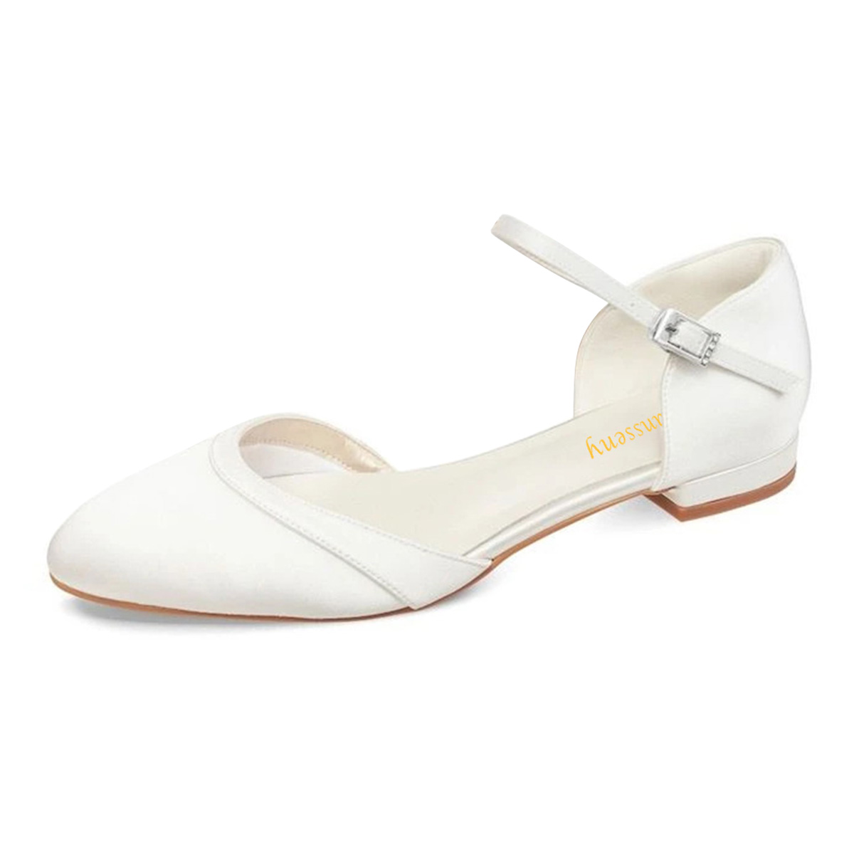 White Satin Almond Toe Flat Wedding Shoes with Buckle Ankle Strap Nicepairs