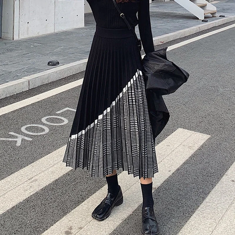 HOUZHOU 2021 Autumn Winter Houndstooth Knitted Long Skirts Women Vintage Black High Waist Midi Pleated Skirt Elegant Casual