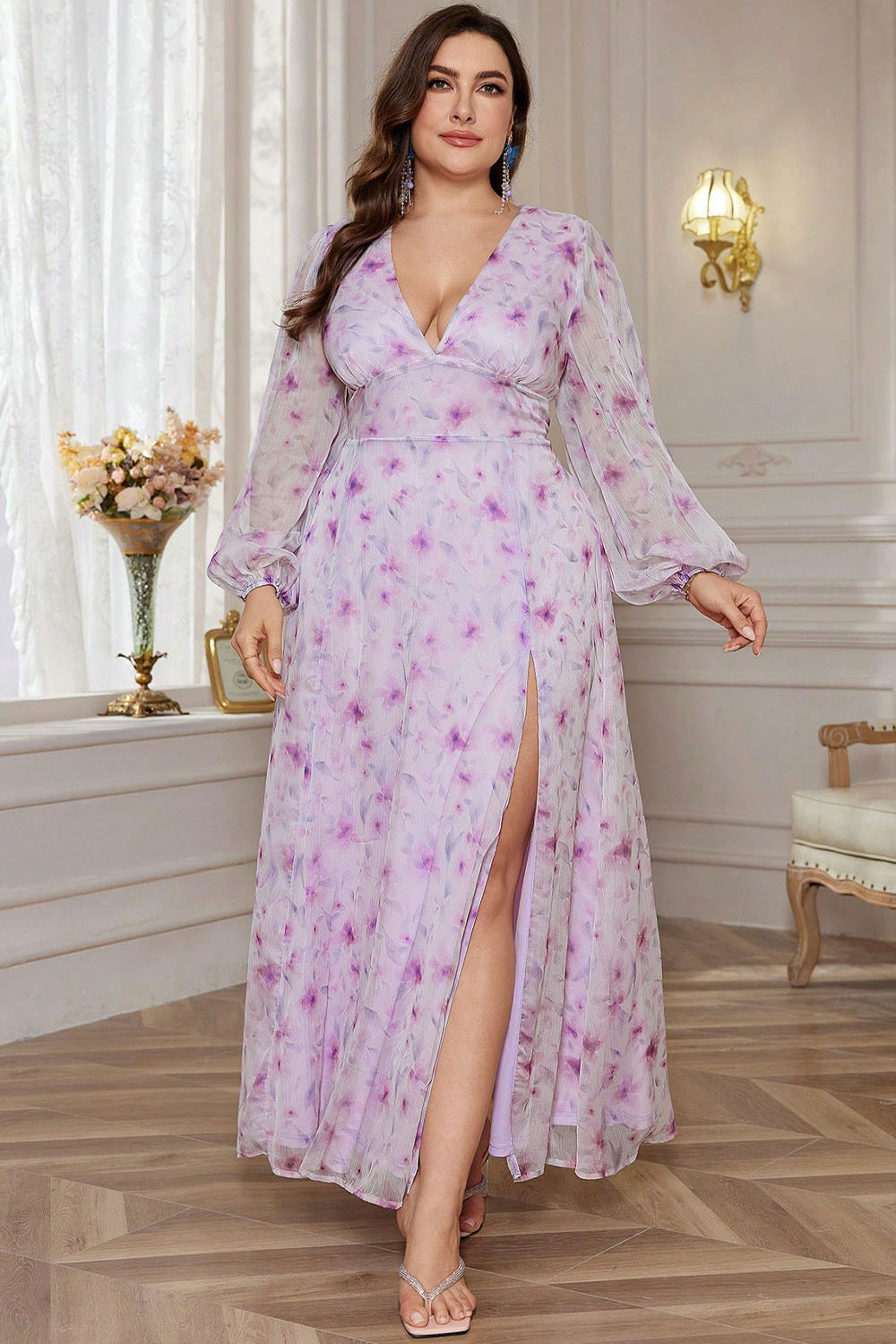 Plus Size Vacation Orange Chiffon Floral Print Lantern Sleeve Slit Maxi Dress 2024 - Flycurvy 