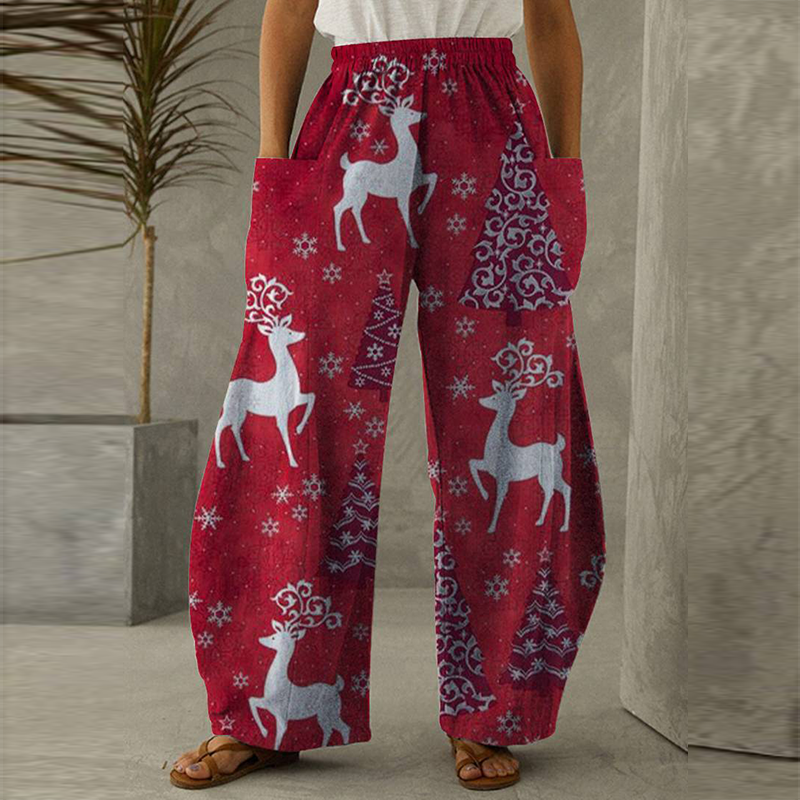 Christmas Trees Snowflake Elk Printed Red Loose Casual Pants