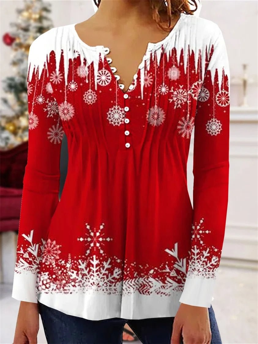 Women's Christmas Long Sleeve V-Neck Graphic Printed Top