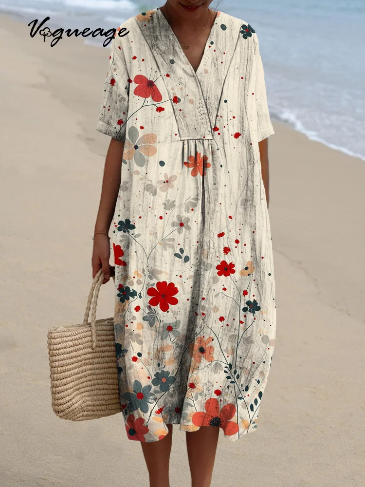 Simple And Elegant Flowers Printed Women's Casual Cotton And Linen Dress