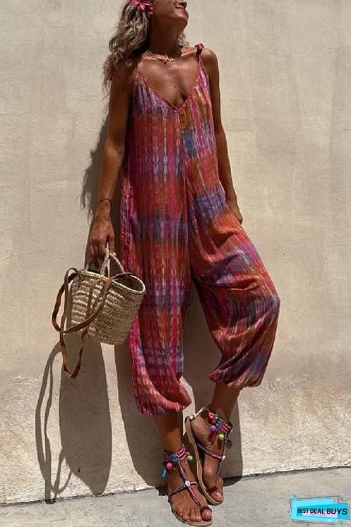 Meridress V Neck Tie Shoulder Pockets Tie Dye Cami Jumpsuit