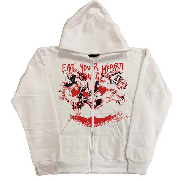 Eat Your Heart Letter Print Hoodie Gothic Y2k Zip Sweatshirt Jacket at Hiphopee