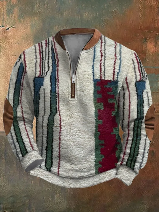 Men'S Retro Print Casual Zip Sweater