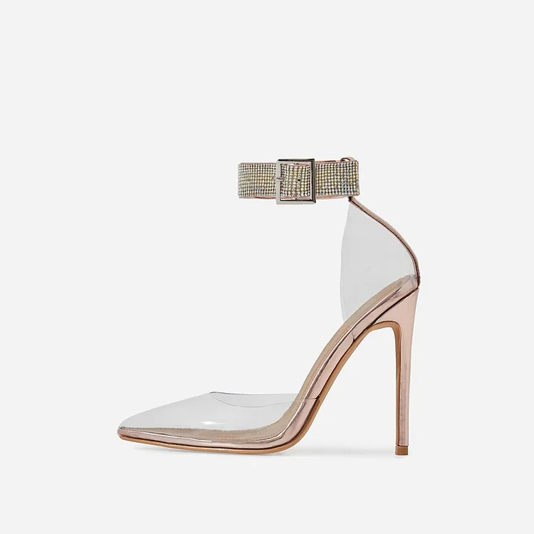 Rose Gold Rhinestones Ankle Strap Stiletto Heel transparent Pumps |FSJ Shoes