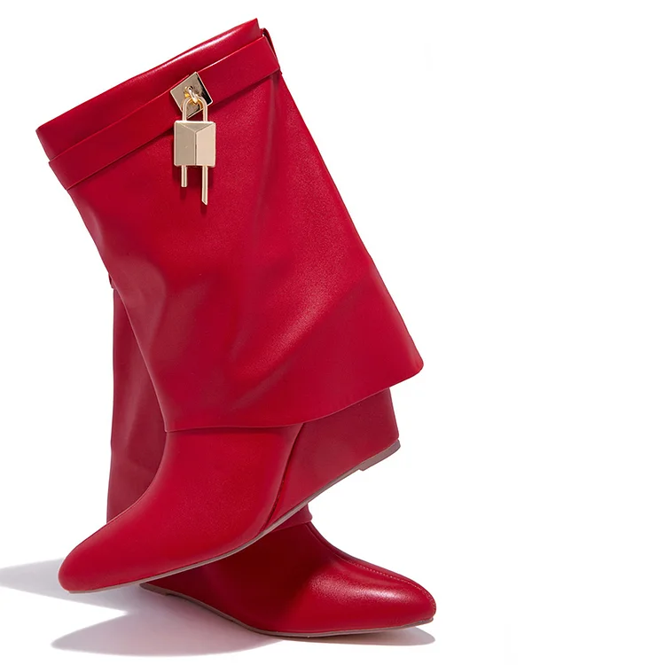 Red Pointed Toe Mid Calf Wedge Boots with Gold Pendant Design Vdcoo