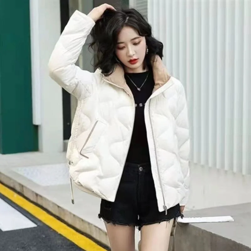 Huiketi Women's Down Cotton Jacket Autumn Winter Korean Loose Stand Collar Short Outerwear Casual Long Sleeve Parkas Coat