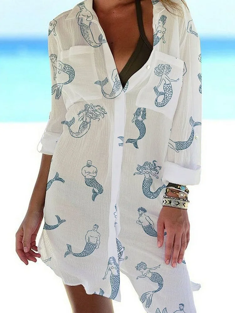 Women'S Artistic Mermaid Pattern Casual Dress Shift Dress Mini Dress