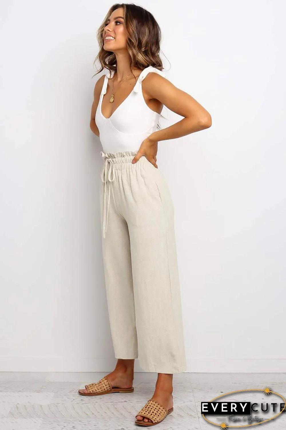 Khaki Paperbag Waist Straight Leg Cropped Pants