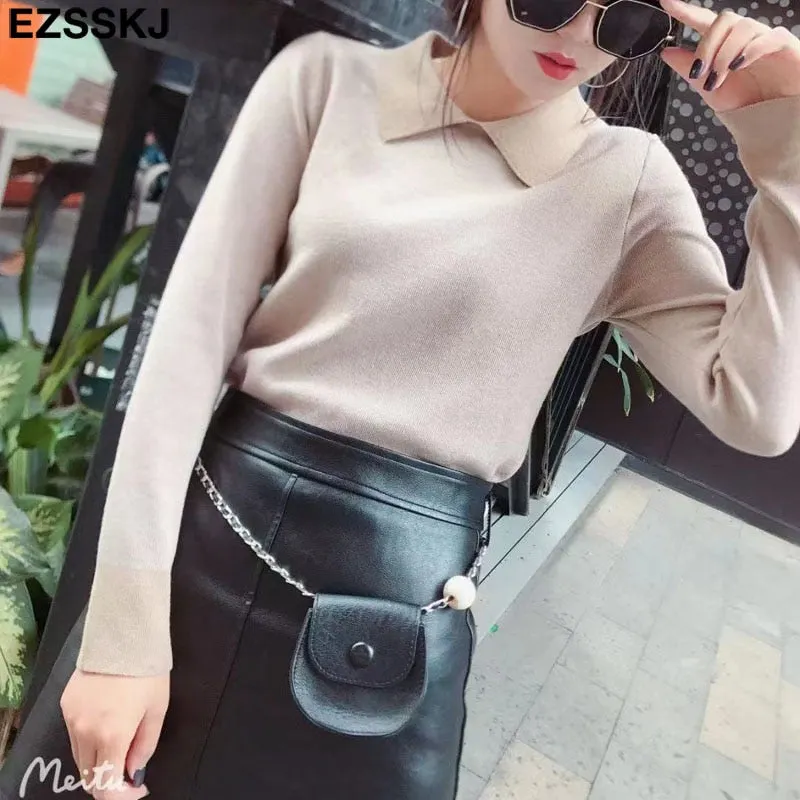 Ezsskj turndown collar thin Sweater Pullover parchwork Women Casual Long Sleeve chic bottom Sweater Female Jumpers top