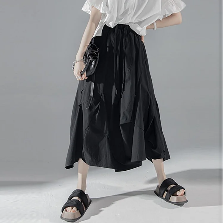 Temperament Solid Color Irregular Folds Lace-up Skirt