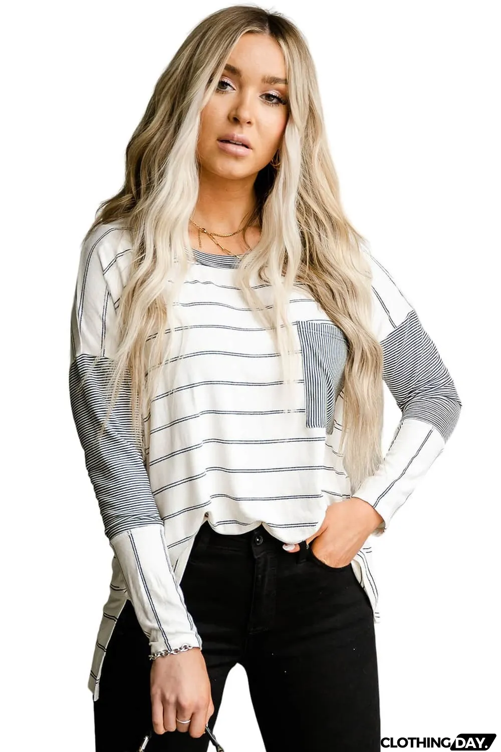 Stripe Patchwork High Low Side Slits Long Sleeve Top