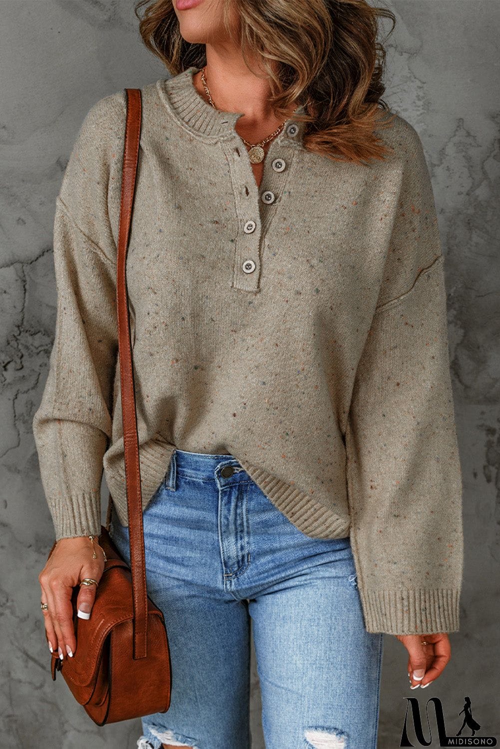 MidiSono - Khaki Buttoned V Neck Colorful Pilling Sweater