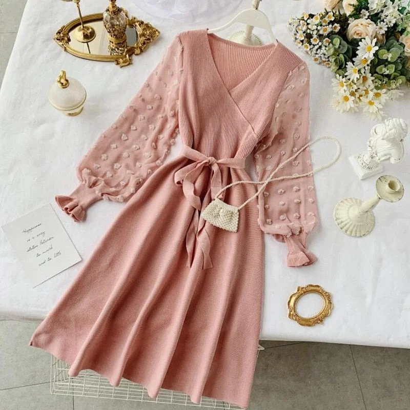 Romantic Women Knitted Pink Party Dress 2020 Fall Winter V Neck Elegant Chiffon Long Sleeve Sashes Dress Ladies Dress