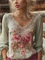 Bohemian Retro Plant And Flower Pattern Casual Cotton And Linen Long-sleeve Top