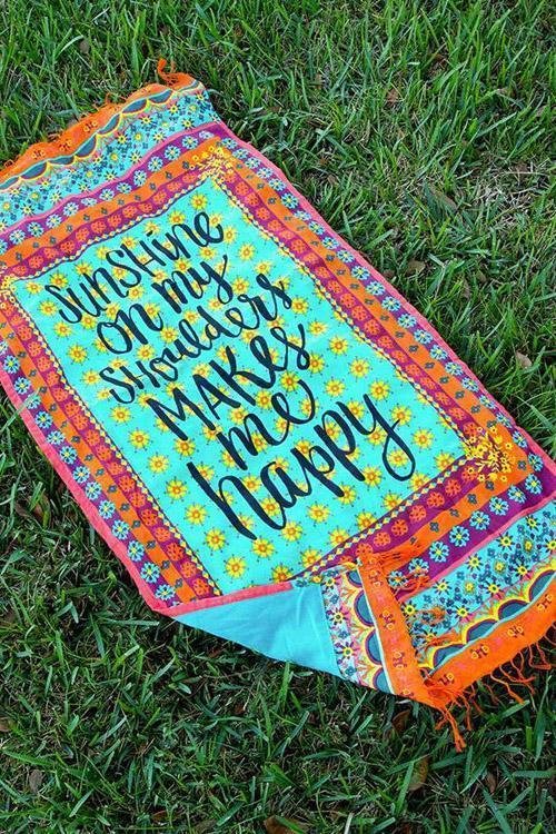 Light Blue Slogan Floral Tribal Print Fringed Boho Rectangle Beach Throw-elleschic