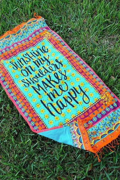 Light Blue Slogan Floral Tribal Print Fringed Boho Rectangle Beach Throw-elleschic