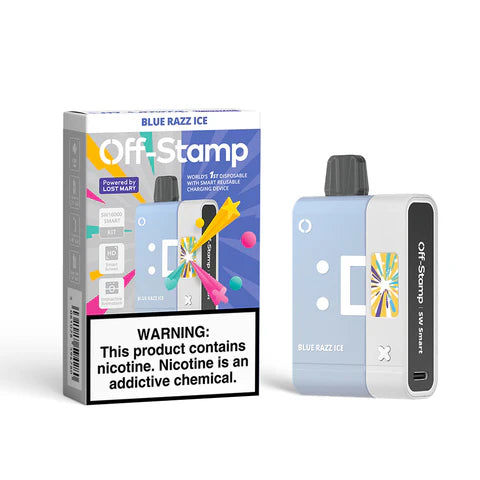 Off-Stamp SW16000 Blue Razz Ice disposable vape kit, powered by Lost Mary, with packaging.