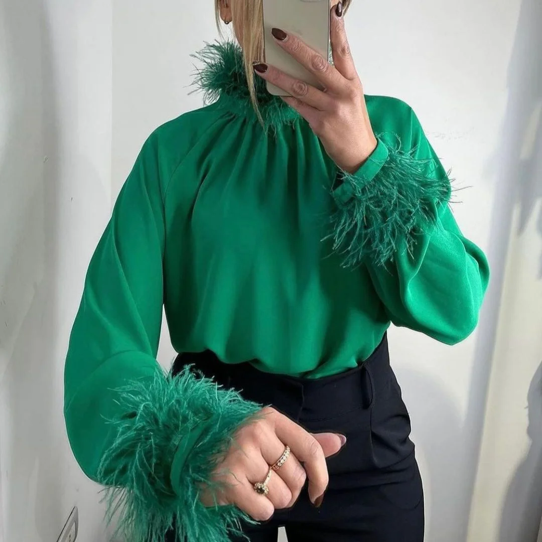 2022 Autumn Winter Feather Long Sleeve Blouse Shirt Women Green Elegant Office Lady Top Shirts Casual Fashion Black