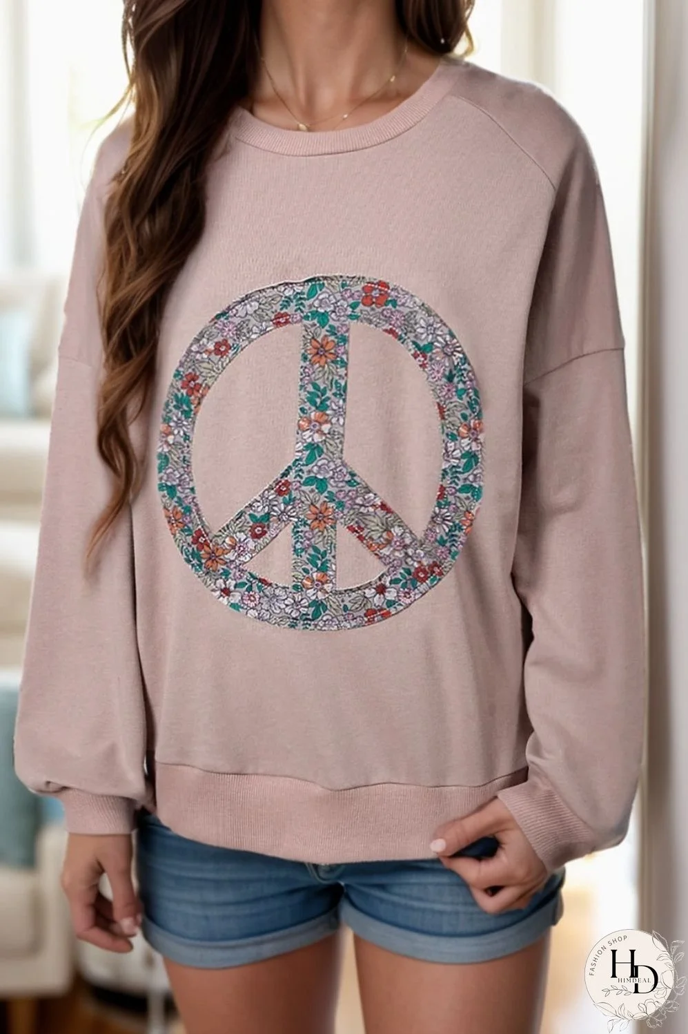 Peace Sign Applique Long Sleeve Sweatshirt