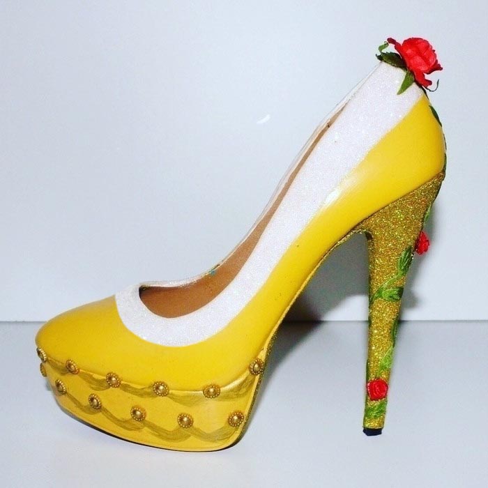 GOOSHOE Yellow Beauty and the Beast Rose Glitter Stiletto Heels Pumps