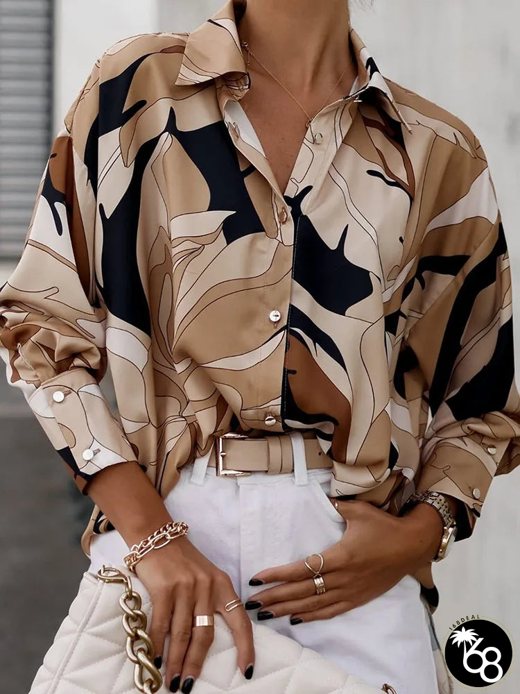Women's Polyester Turn-Down Collar Long Sleeves Printed Blouse | 168DEAL