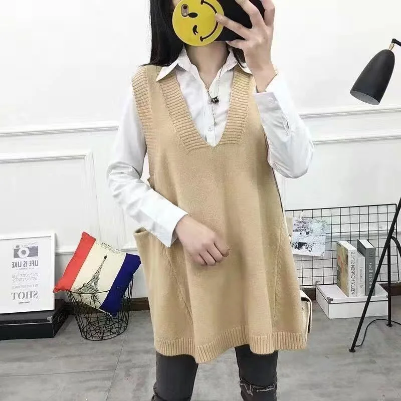 Plus Size 4XL Women Sweater Vest V-neck Solid Pockets Knitted Loose All Match Pullover Casual Elegant Trendy Japanese Style Chic