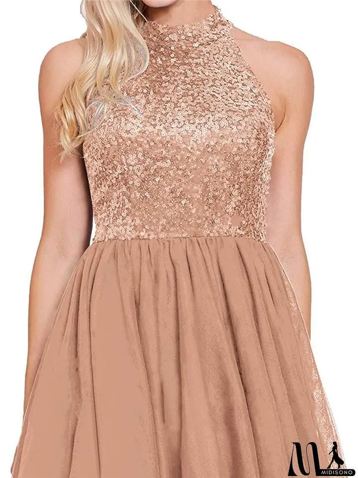 MidiSono - Pretty Rose Gold Sequin A-Line Halter Cocktail Dresses For Party