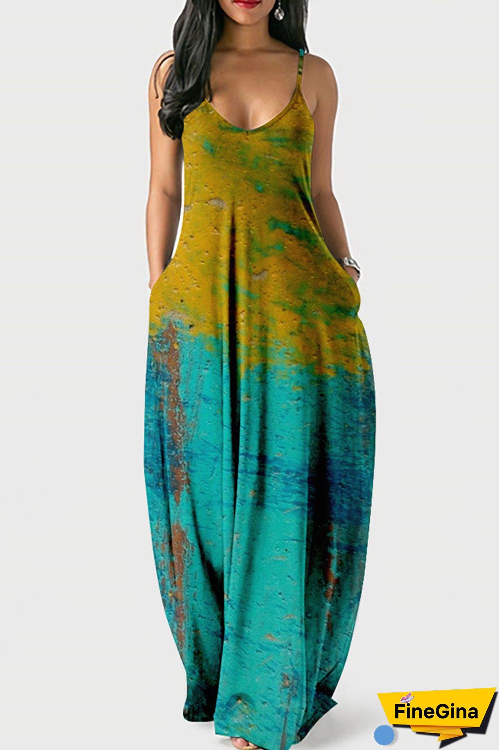 Multicolor Street Print Patchwork Spaghetti Strap Lantern Dress Dresses