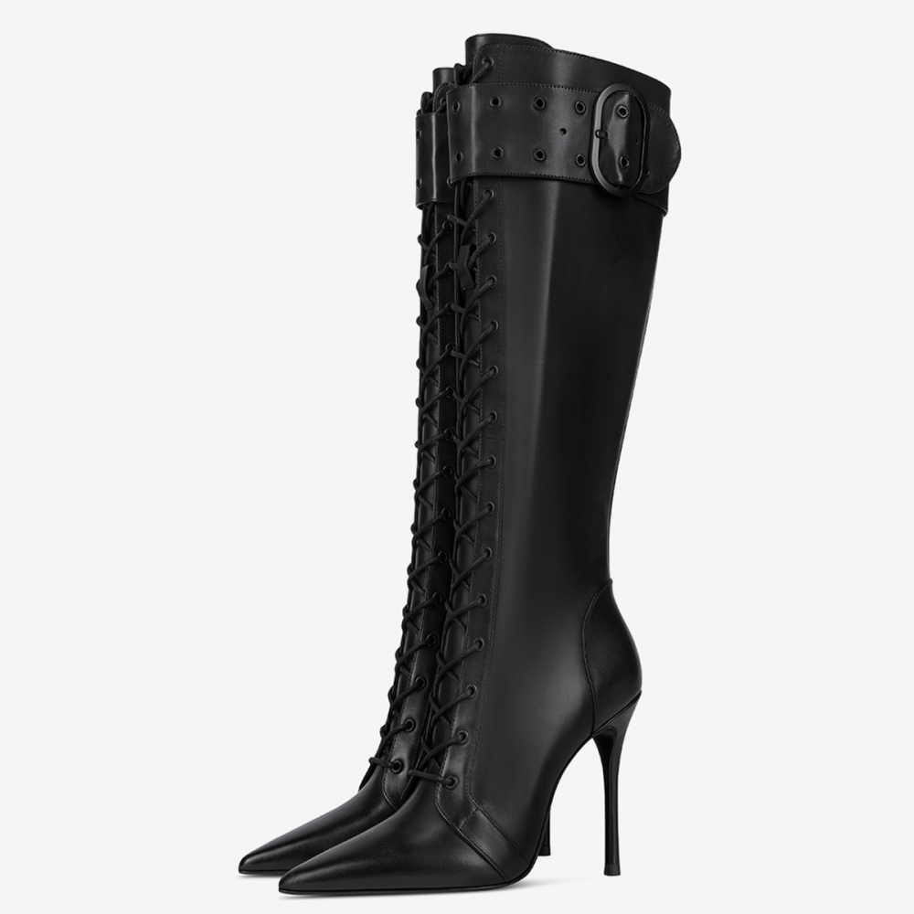Black Pointed Toe Stiletto Heel Lace Up Boots with Grommet Strap Nicepairs
