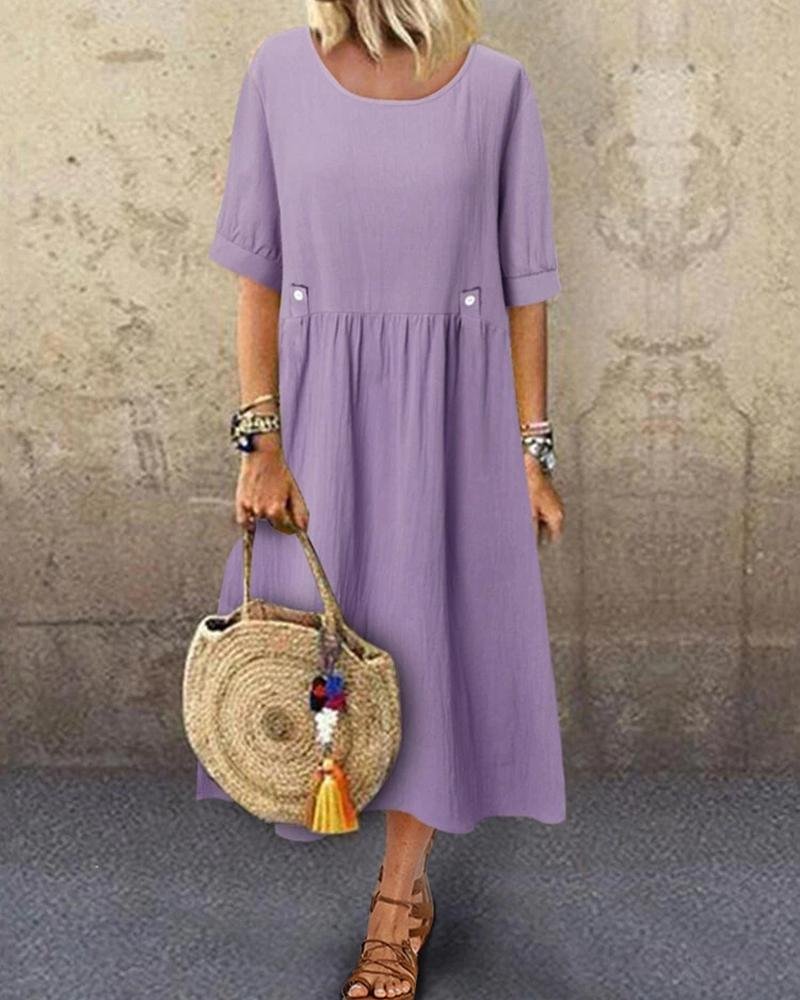 Crew Neck Pullover Slim Waist Short Sleeve Long Skirt Casual Purple Maxi Dress