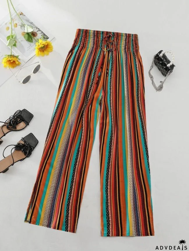 Women's Multi-Color Stripe Casual Pants with Tied Elastic Waist