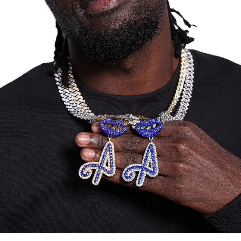 Hye Hot Sale 26 Letters Blue Mouth Pendant Cuban Link Chain Diamond-Embedded Hip Hop Couple Rapper Ornament