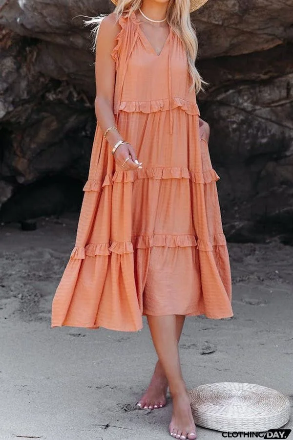 COTTON BLEND POCKETED TIERED MIDI DRESS