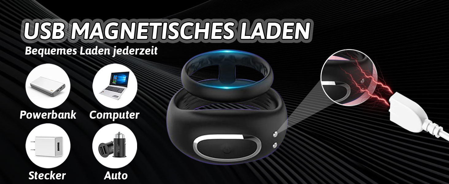 The text says 'USB MAGNETIC CHARGING'. The product image shows a circular charger with blue lighting and four icons indicating product features.