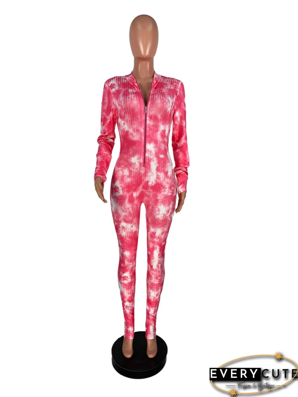High Neck Tie-dye Zipper Slim Fit Fitness Jumpsuit