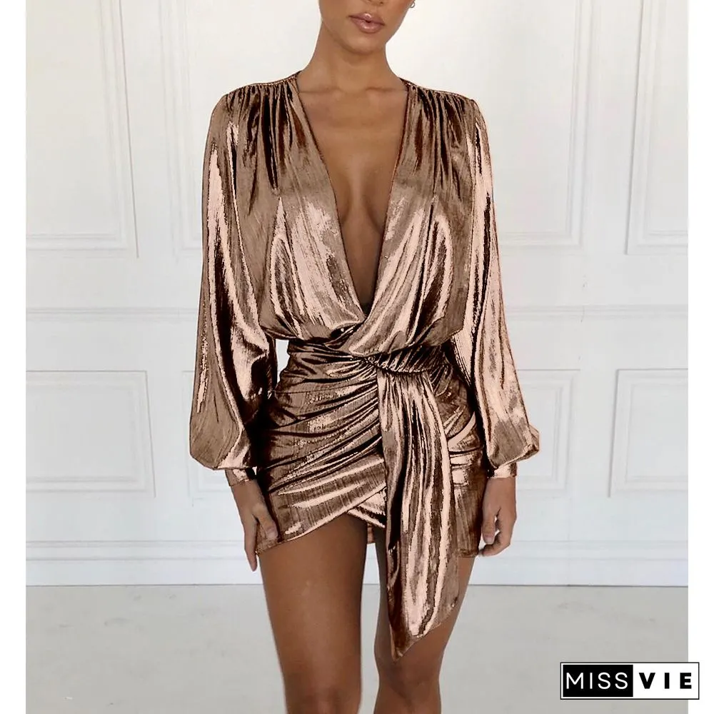 Gilding Deep V-neck Zipper Sexy Skirt Nightclub Dress