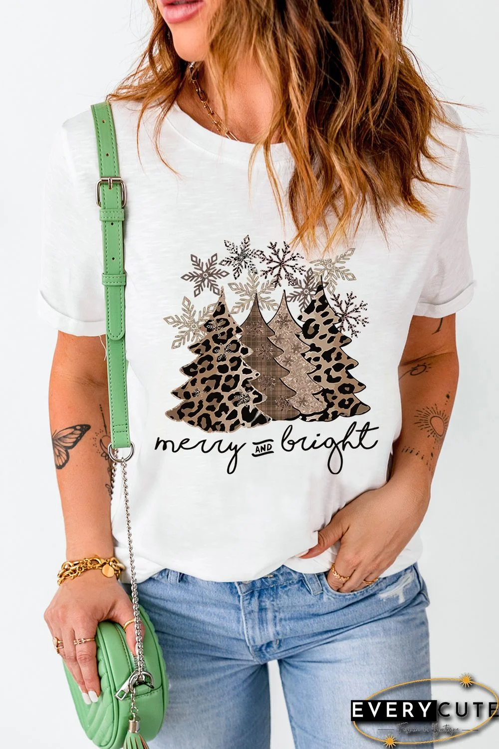 White Leopard Christmas Tree Graphic Print Crew Neck T Shirt