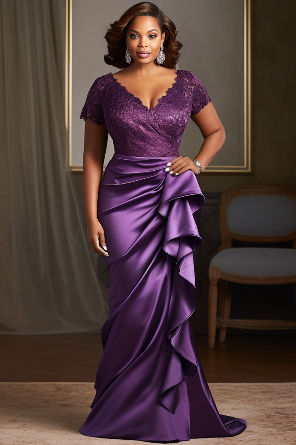 Xpluswear Design Plus Size Formal Satin Purple V Neck Short Sleeve Ruffled Fold Ruffle Lace Maxi Dresses