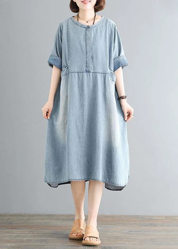 Women Cotton Wardrobes 18th Century Vintage Pure Color Loose Denim Midi Dress