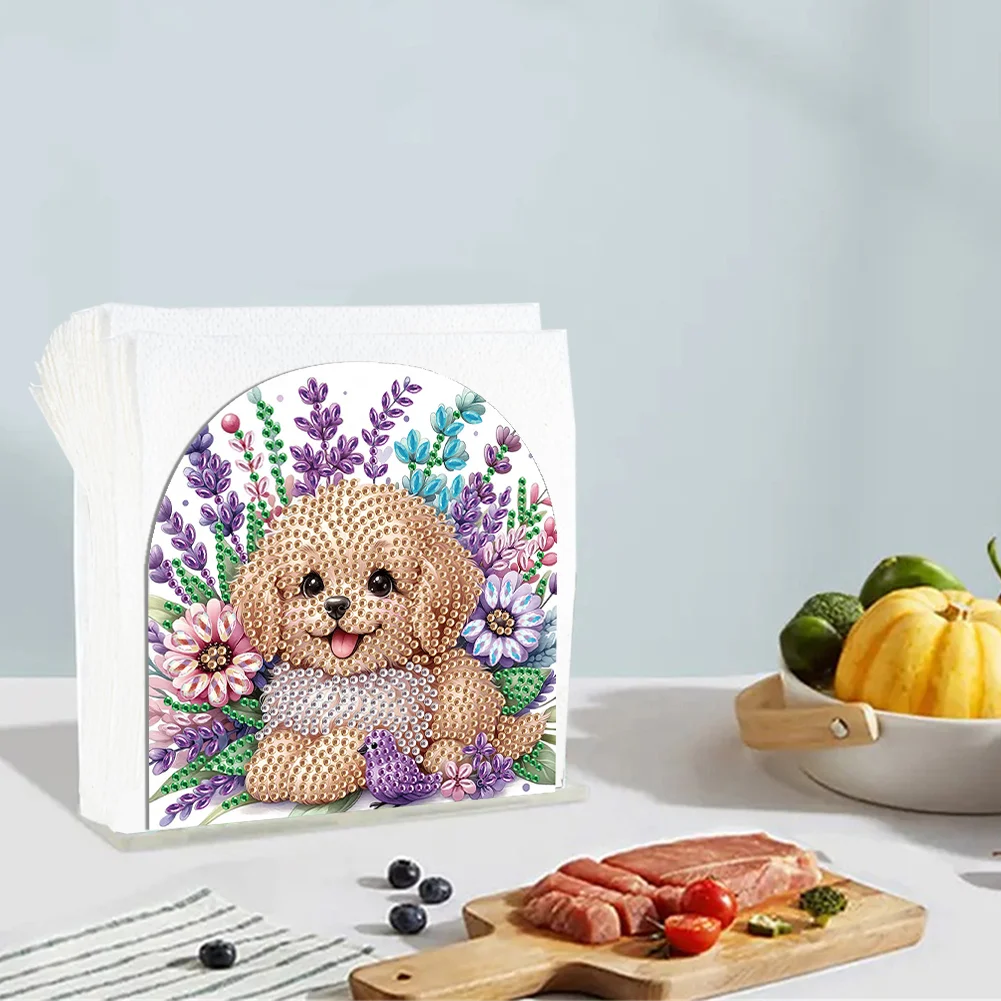 DIY Puppy Flower Diamond Painting Acrylic Napkin Rack Decor for Home Office Decor