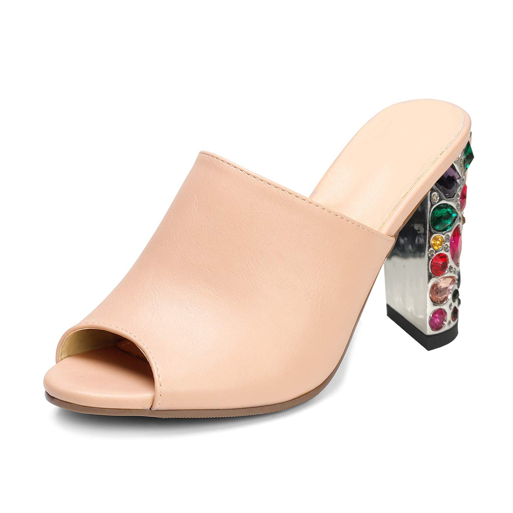 Nude Vegan Leather Peep Toe 4'' Decorative Chunky Heel Mules Nicepairs
