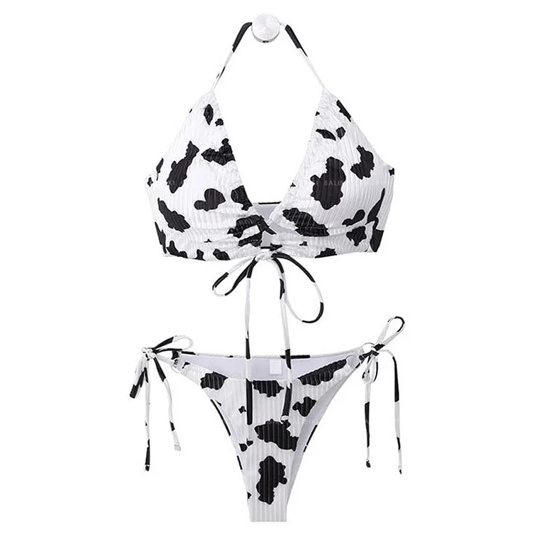 Cow Print Lace Up Bikini Swimwear - Modakawa modakawa