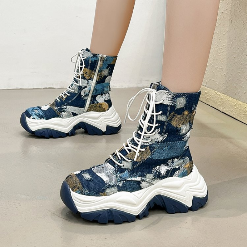 Thick Soled Doc Martens Boots Colorful Graffiti Made Old Canvas Short Boots-PABIUYOU- Women's Fashion Leader