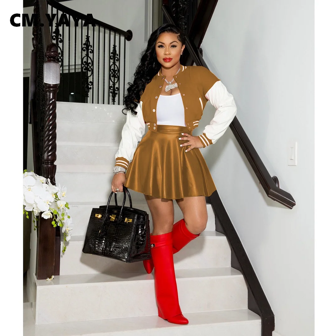 CM.YAYA Spring Winter Women Two 2 Piece Set Outfits Patchwork Single Breasted Jacket +  PU Mini Skirts Suit Outfits Tracksuit