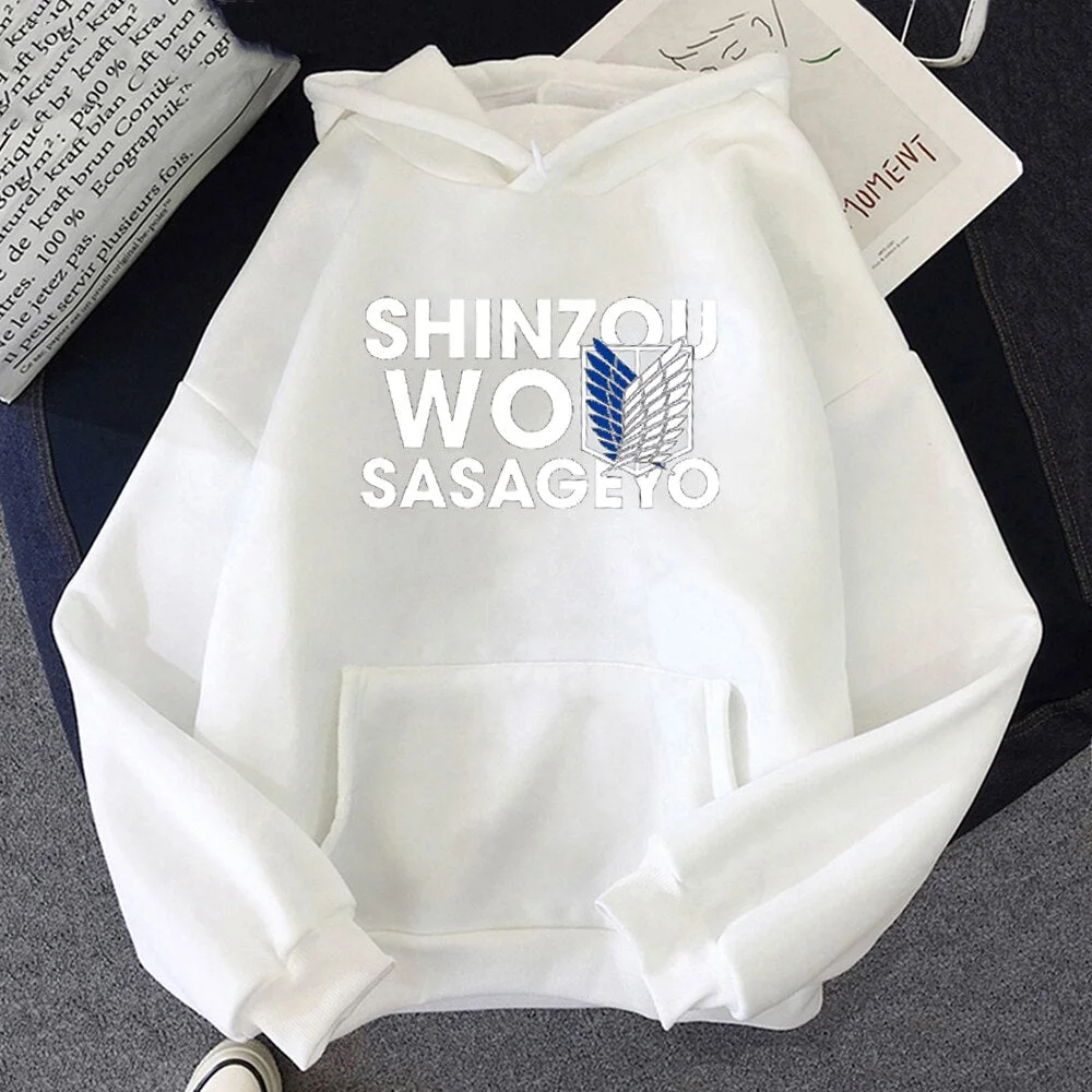 Attack on Titan Hoodies Harajuku Hoodies Womens Men Hip Hop  SHINZOU WO SASAGEYO Print Sweatshirt Hip Hop Unisex Streetwear