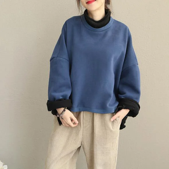 Fall Winter Vintage Casual Quilted Blue High Neck Fleece Women Cotton Tops