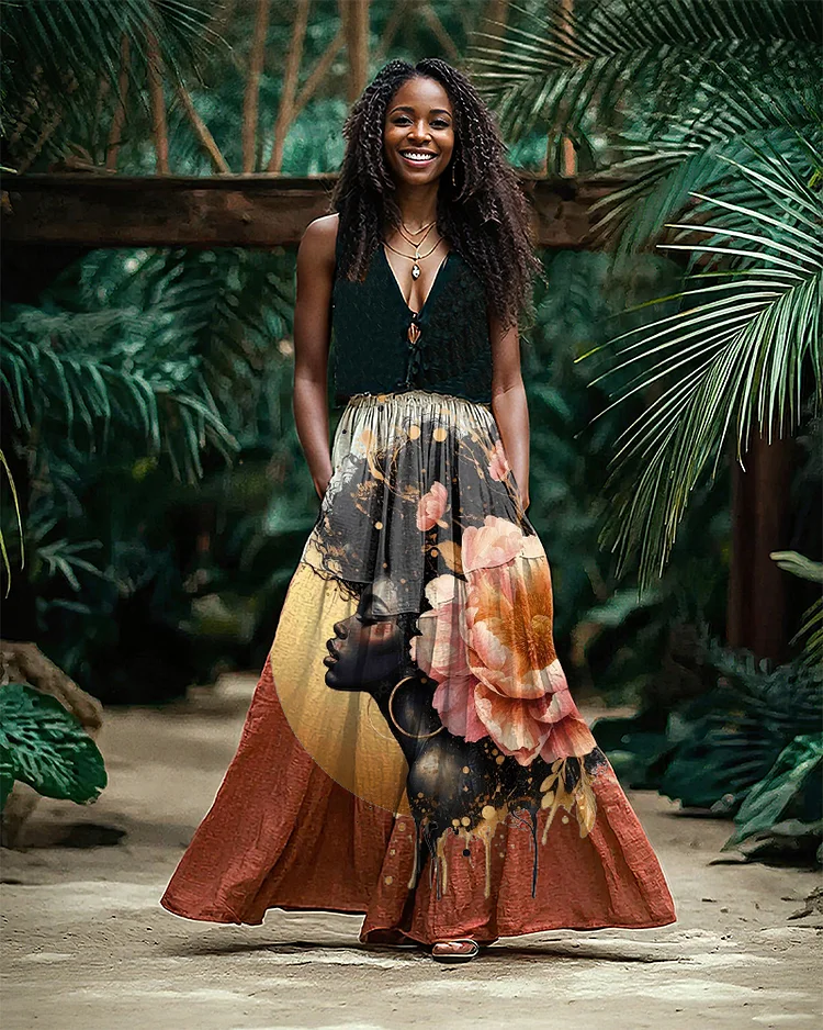 Black Woman Under The Moon Linen Pocket Skirt