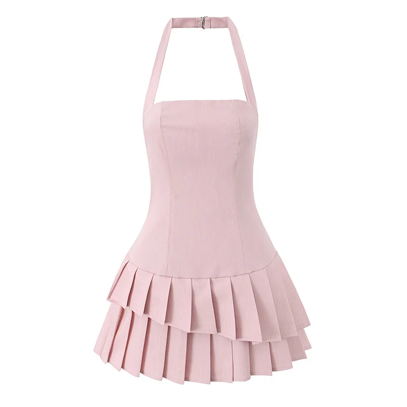 Brownm Brownm Style Dress Women 2025 Spring New Temperament Elegant Hanging Neck Sleeveless Solid Color High-Rise 100-Folded Dress